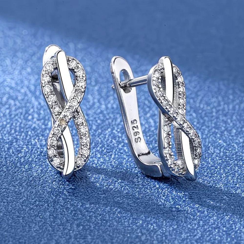 S925 Sterling Silver Infinity CZ Huggie Earrings Twist Pavé Minimalist Hoops